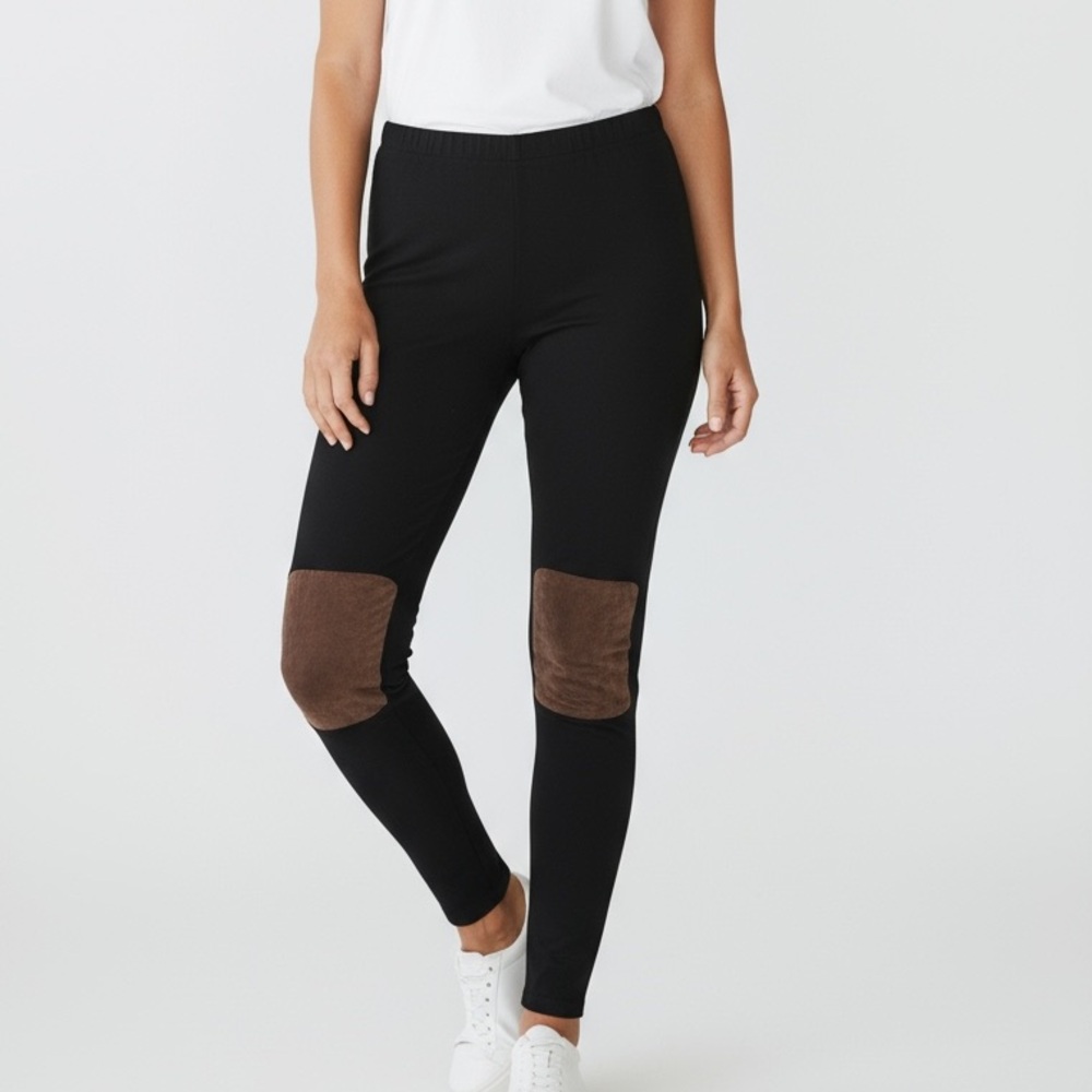 Connection 18 Black Leggings w/ Brown Faux Suede Knee Patches – NWT